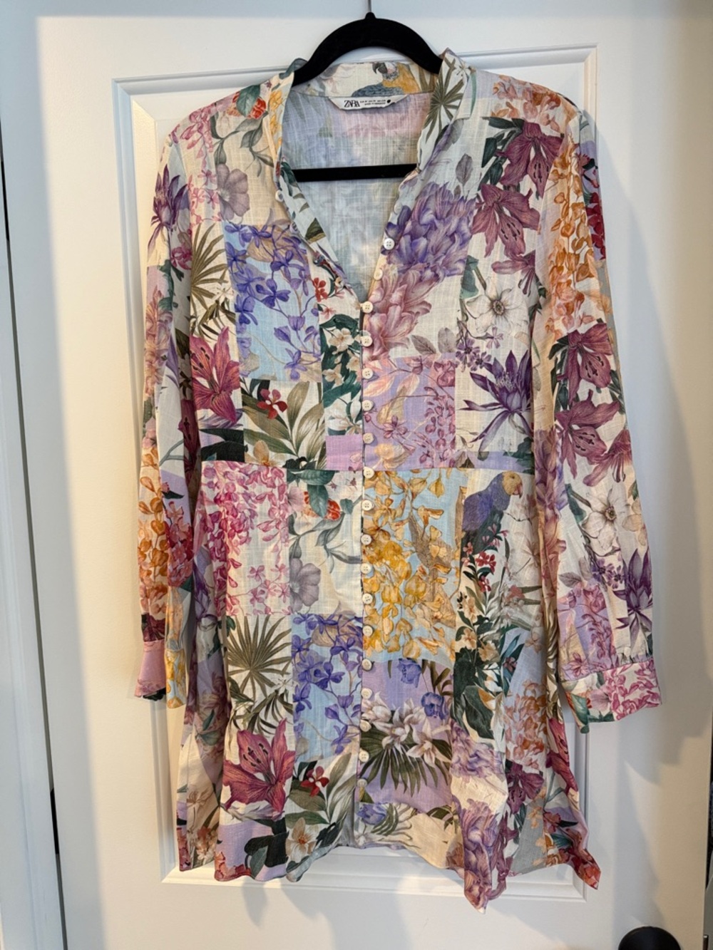Zara Floral Patchwork Button-Front Tunic style mini dress